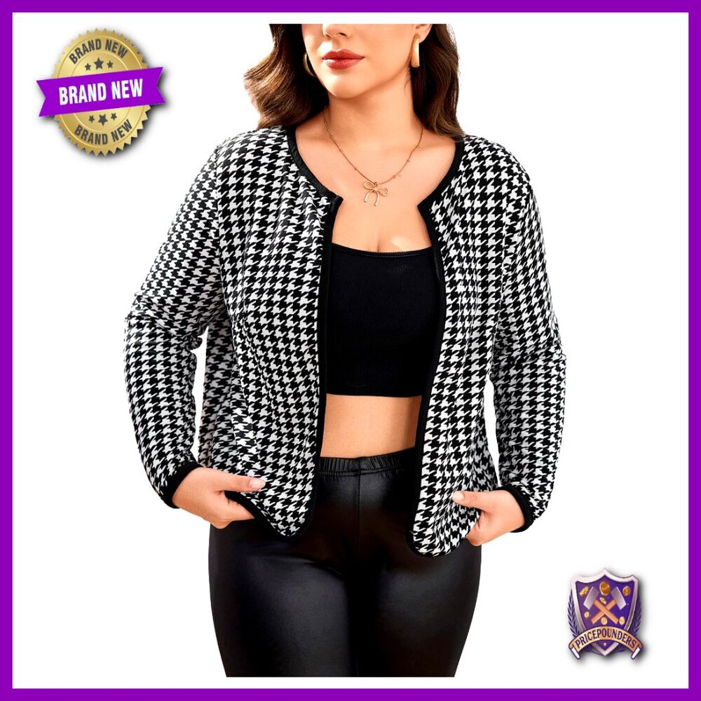 Plus Size Houndstooth Open Front Long Sleeve Casu… - image 1